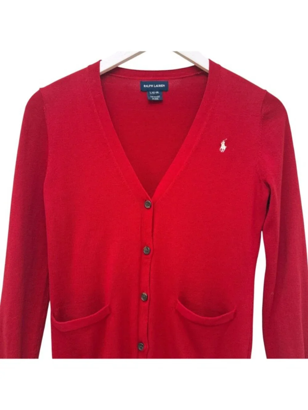 RALPH LAUREN Girls Cardigan Sweater Red Size Large 12-14 Cotton Preppy V-neck